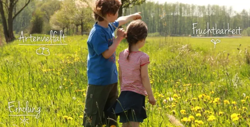 AgoraNatura ©Klemens Karkow Zwei Kinder stehen knietief in einer blühenden Wiese.