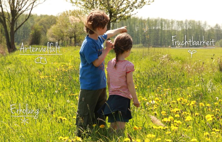 Zwei Kinder stehen knietief in einer blühenden Wiese.