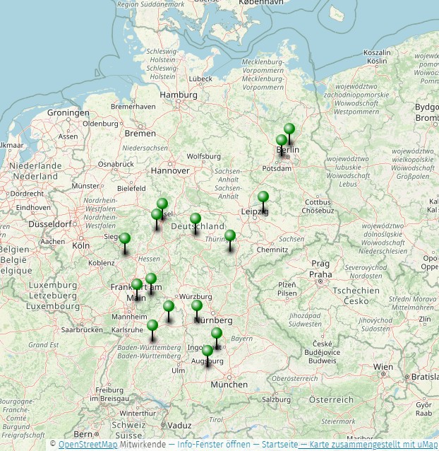 Übersichtskarte der teilnehmenden Verbände ©Anett Shabani Deutschlandkarte auf der die Orte der teilnehmenden Verbände markiert sind